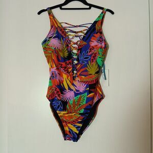 Bleu Rod Beattie Night Safari Lace Down One-Piece Swimsuit Size 8 tropical multi